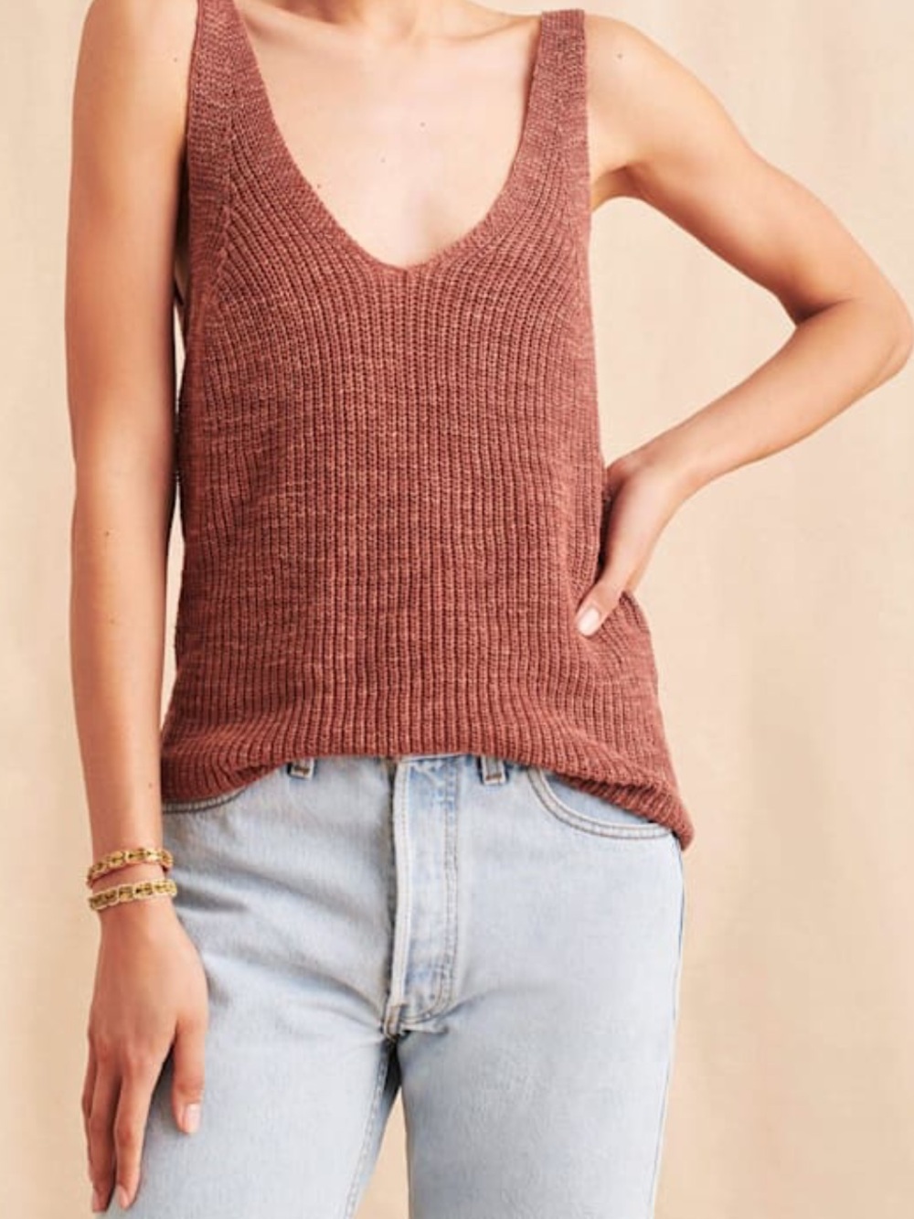Faherty Womens Out East Knit Sweater Tank Linen Organic Cotton Russet Pink Brown